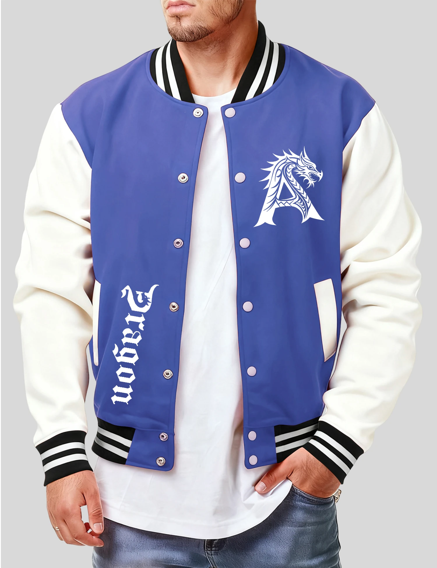 

Mysterious Dragon And Letter A Design Clothes Man Fashion Fleece Top Autumn Loose Baseball Jacket Casual Retro Sportswear Unisex