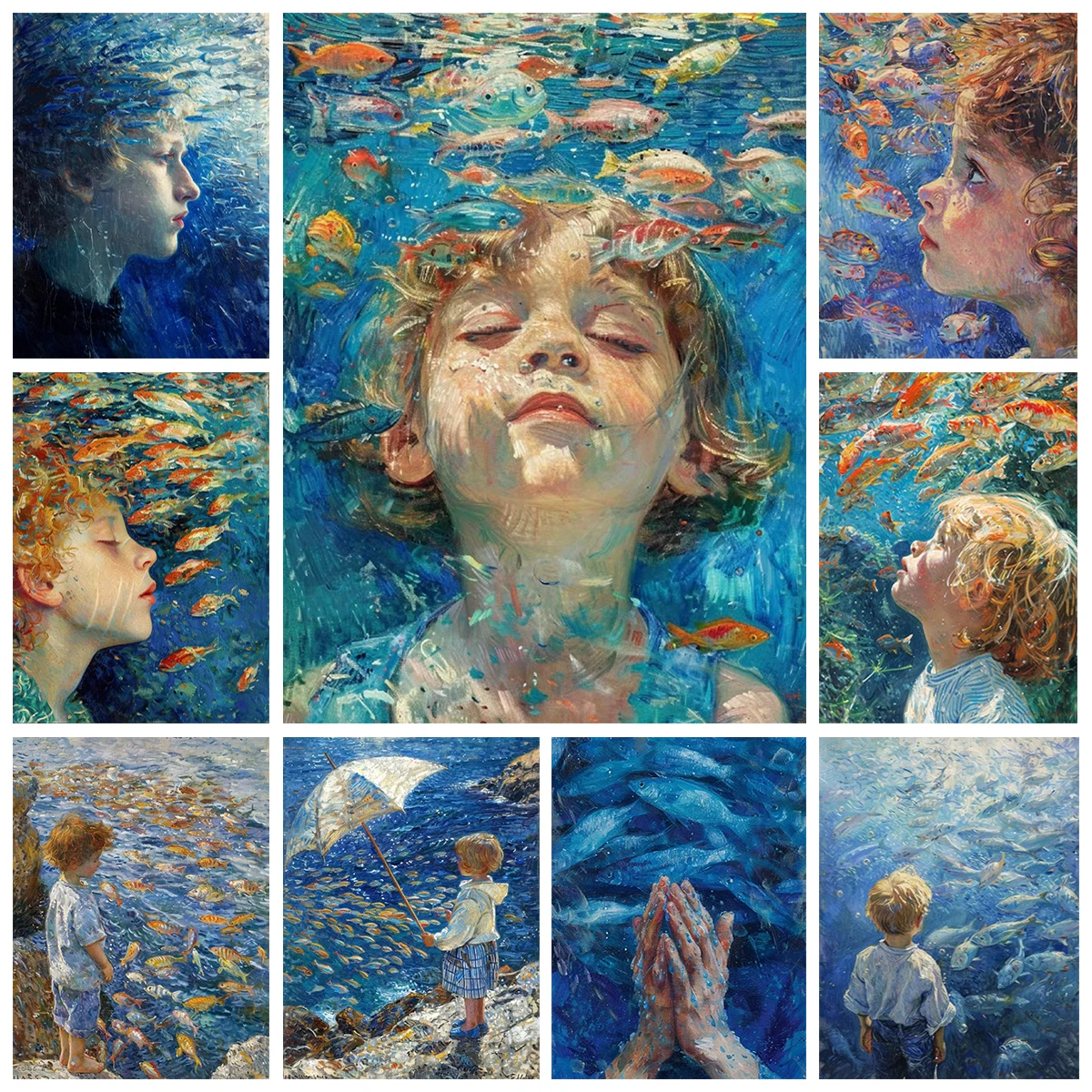 

Children and Fish DIY Digital Oil Painting Home Decoration Parent-child Interactive Birthday Gift Party