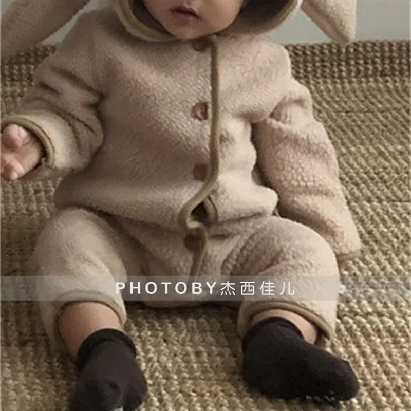 Winter Baby Rompers Newborn Rabbit Ear Hooded Boy Girl Romper Clothes Lamb Fur Fleece Warm Infant Toddler Jumpsuit Boys Playsuit