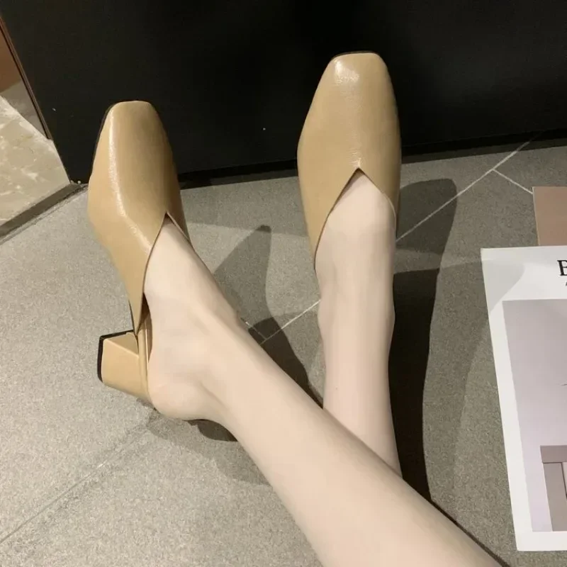 Baotou halbe Hausschuhe Frauen Sommer neue Oberbekleidung Mode einfarbige quadratische Zehen dicke Ferse hochhackige Damenschuhe – Detail 3
