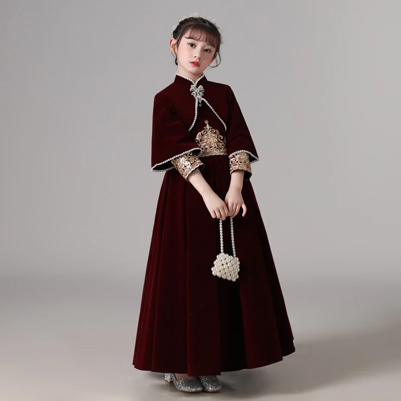 

Children's Dress Girl Princess Dress Elegant Piano Performance Dress Little Host Model Show Dress Red Velvet