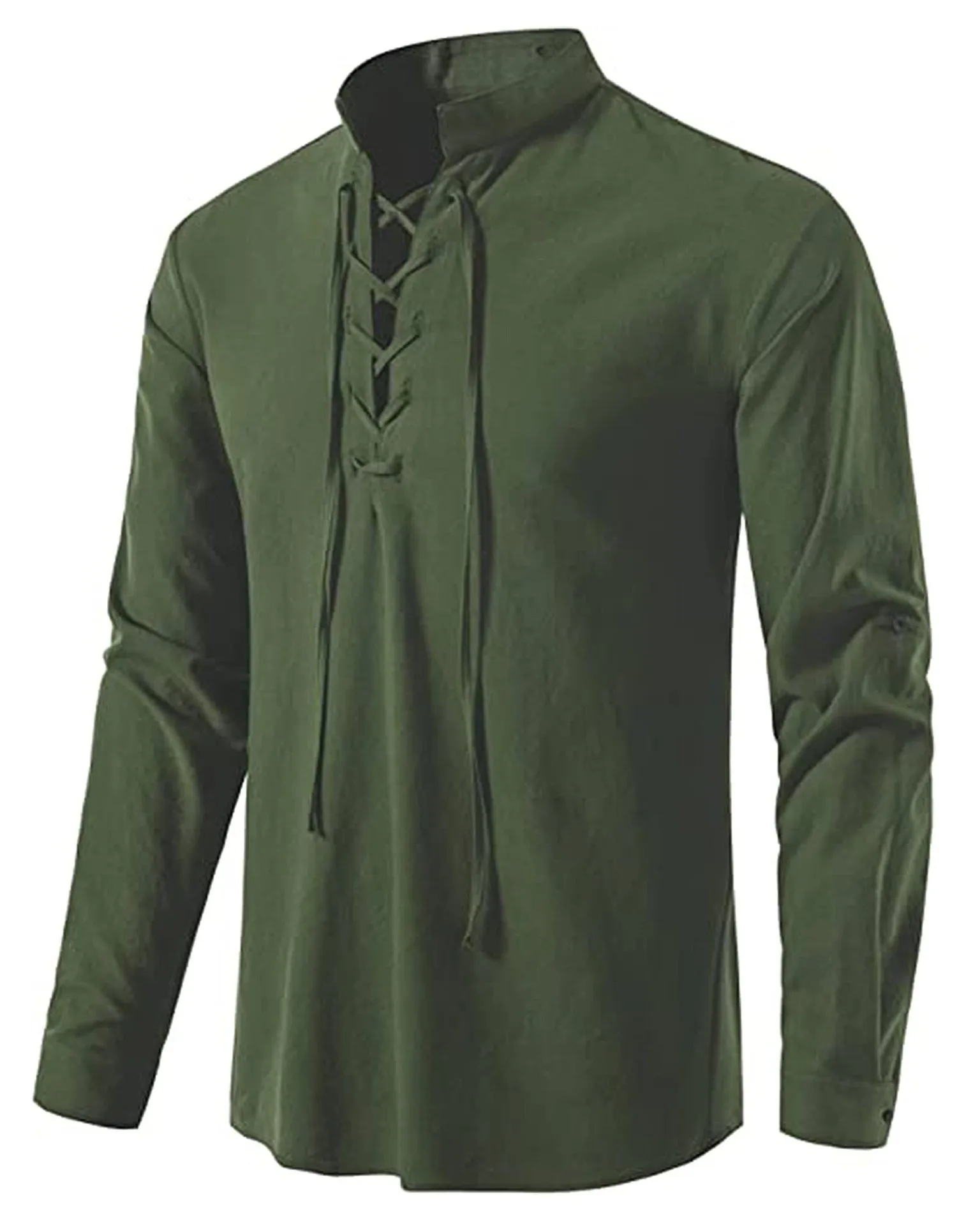 Men's Medieval Lace Up Cotton Linen Shirt Stand Collar Roll Up Long Sleeve Retro Viking Pirate Casual Tops view 3