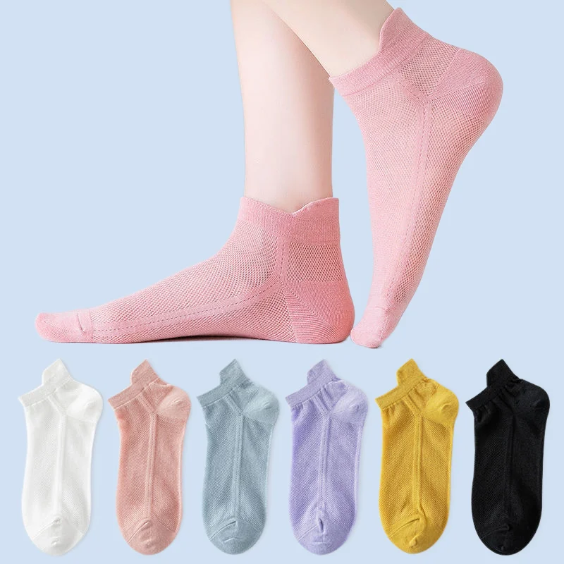 6 Pairs Spring and Summer Thin Solid Color Anti-Odor Sweat-Absorbent Breathable White and Black Summer Mesh Shallow Socks