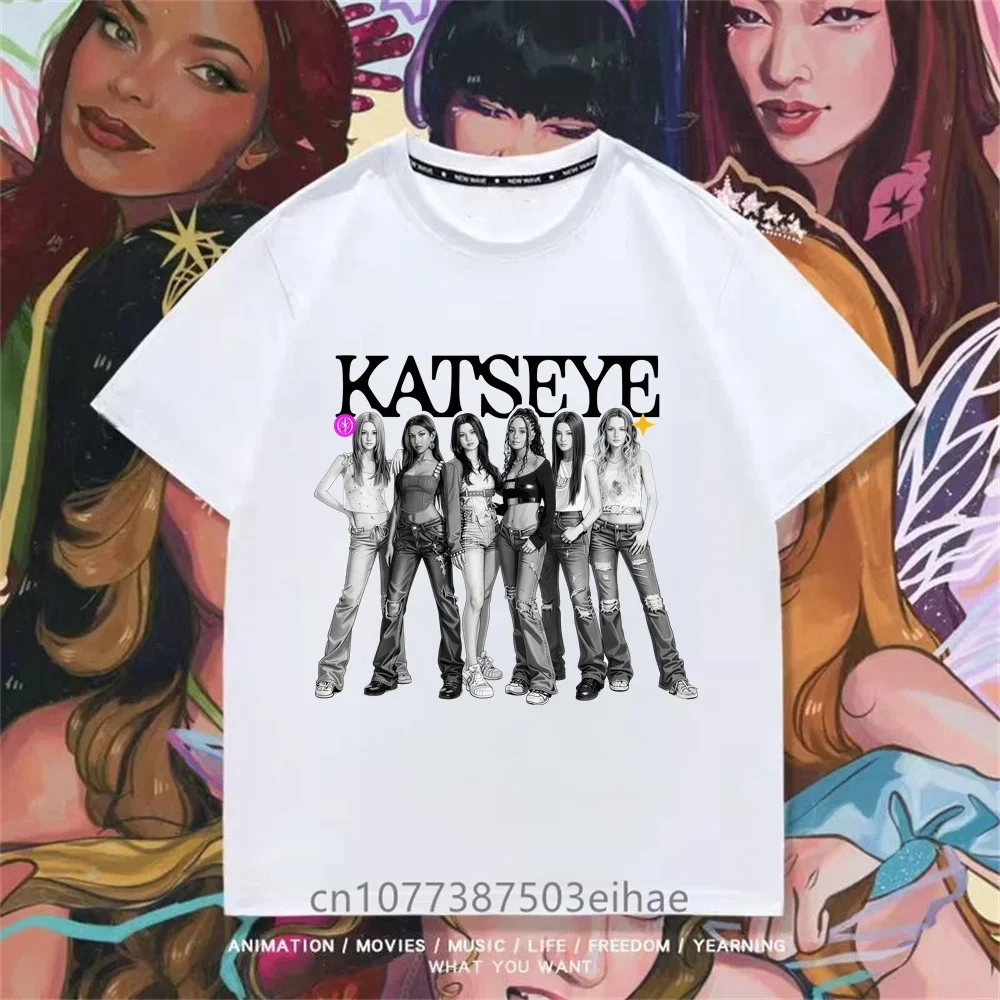 KATSEYE Girls Graphic T Shirt Korean Pop Group Member Photo Letter Print Breathable Summer Casual Top Fashion Daily Street