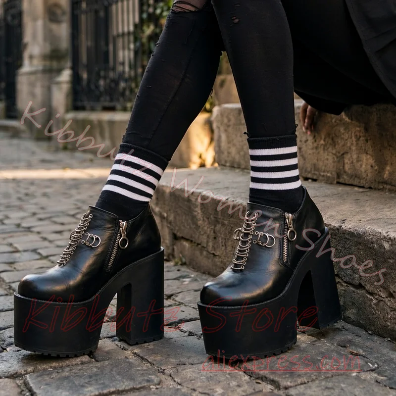 Women Platform Ankle Boots Chunky Heel Silver Tone Rings Buckles Side Zip Punk Goth Streetwear Footwear Zipper Leather Fashion