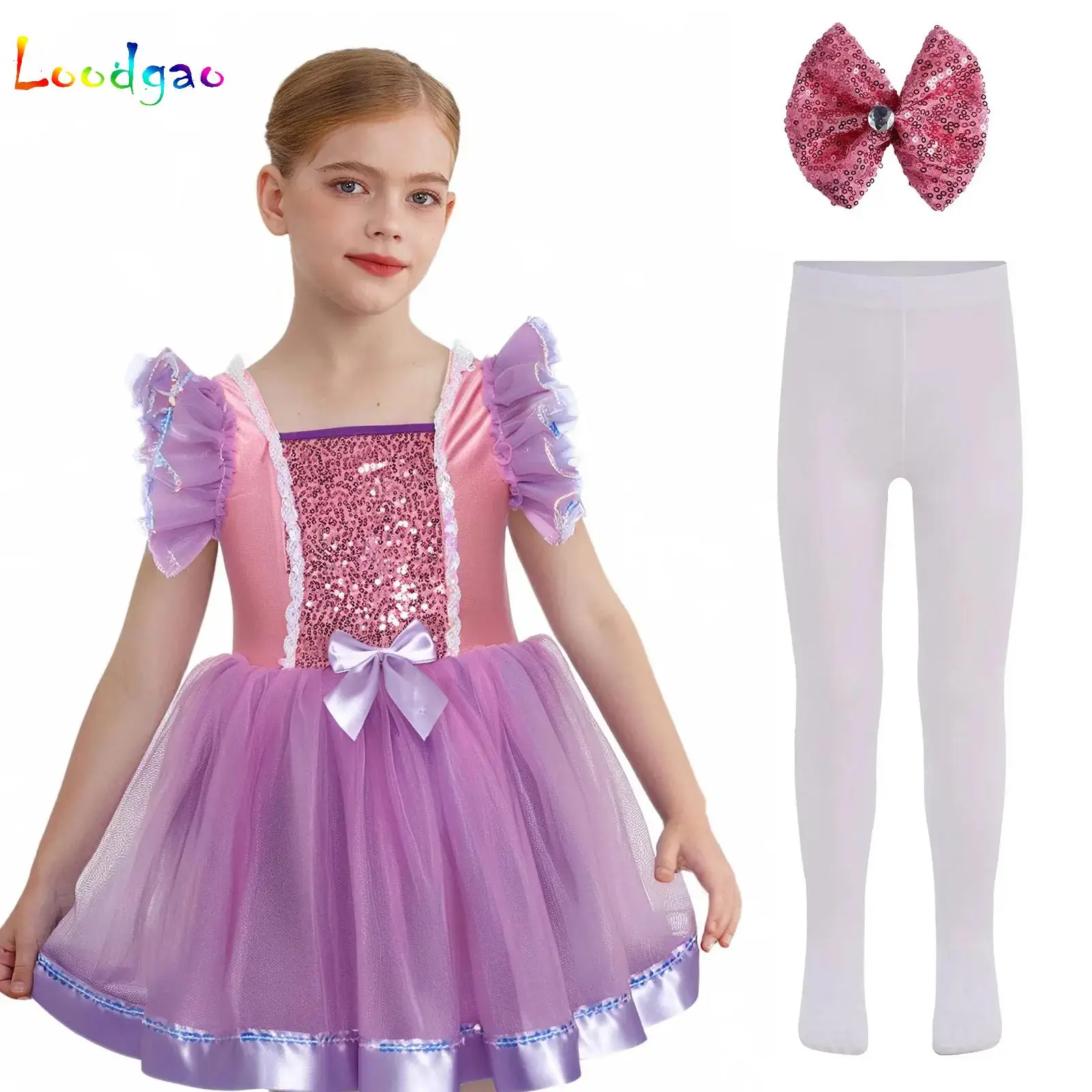 

Kids Girls Ballet Tutu Dress Jazz Dance Performance Costume Ruffled Sleeves Sequins Bowknot Layered Tutu Dress Ballroom Clothes