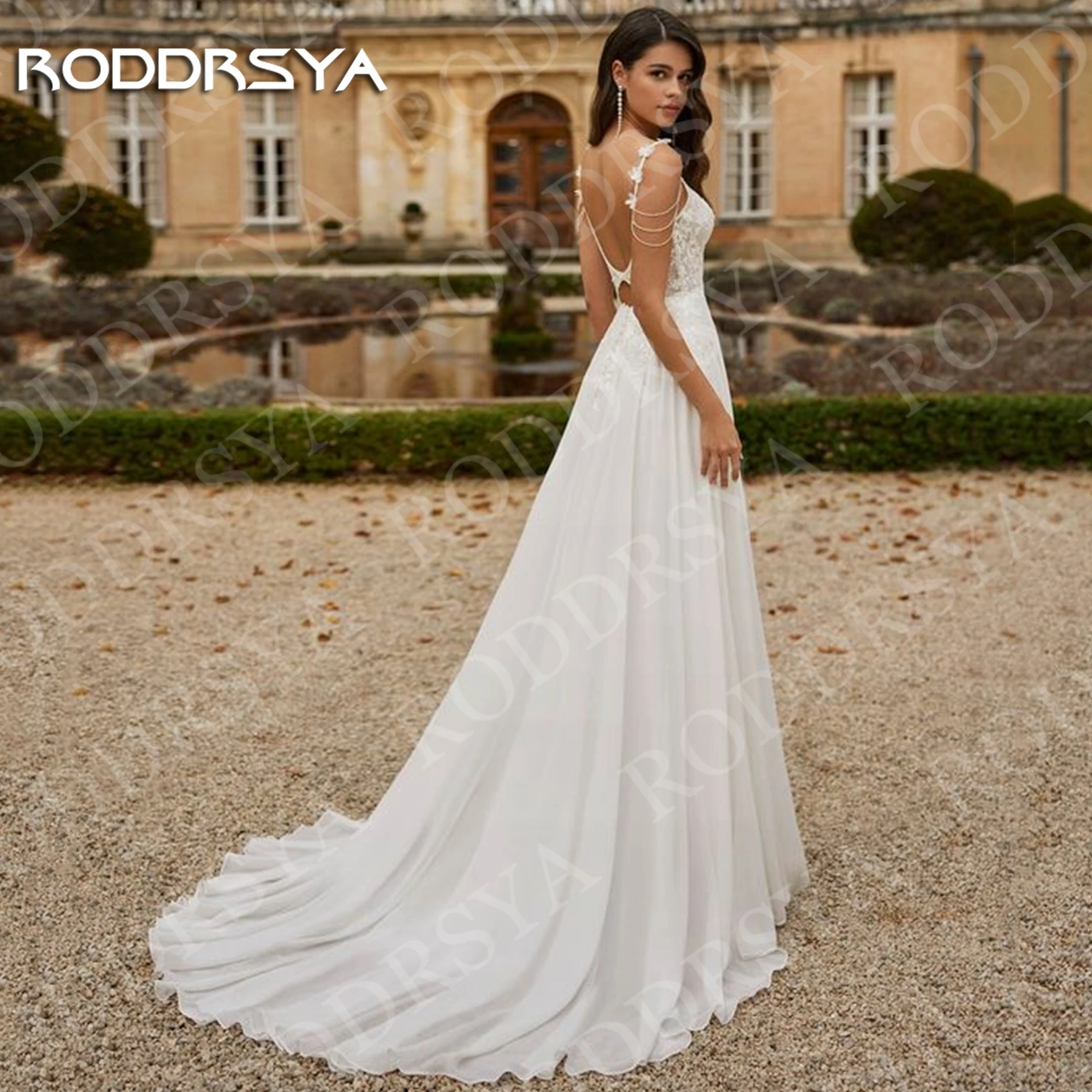 RODDRSYA Beach Chiffon Wedding Dress Detachable Train Boho Deep V Neck Backless A Line Lace Bridal Dresses Applique Customized
