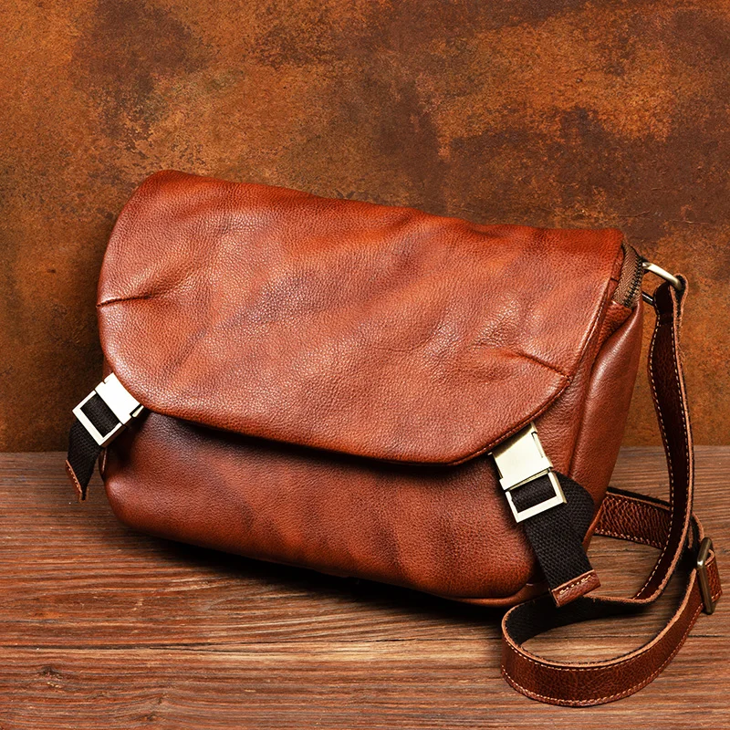 Functional Messenger Bag MEN\'S Ins Tide Leather Shoulder Bag Retro MEN\'S Casual Vegetable Tanned Leather Messenger Bag