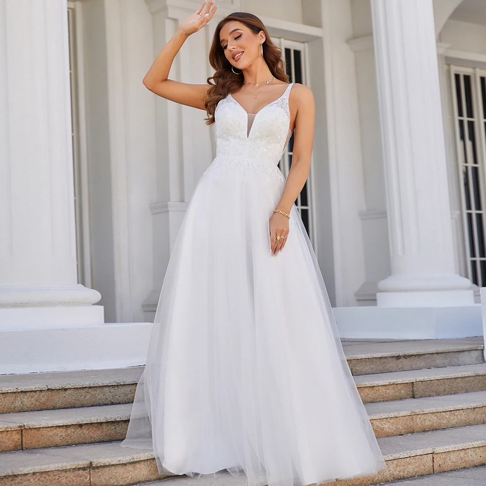 Gợi Cảm Một Dòng Áo CướI Cổ V Chân Váy Xòe Caro Ren Appliques Voan Cô Dâu Áo Hở Lưng Áo Dây De Mariee Vestidos De novia