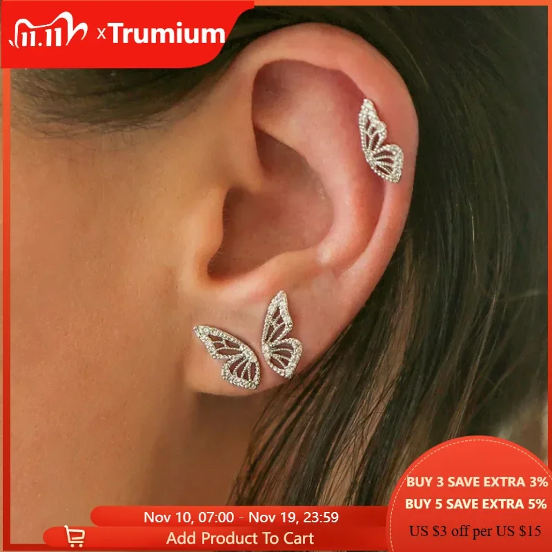 

Trumium 925 Sterling Silver Dainty Cubic Zirconia Crystal Butterfly Wing Stud Earrings Fashion Jewelry Statement Jewelry