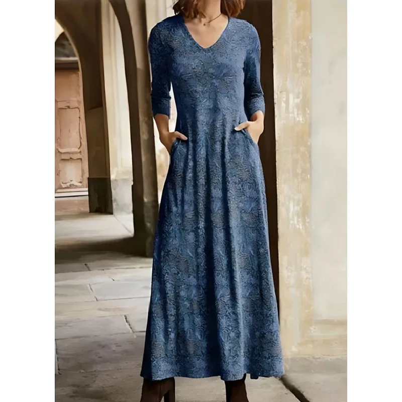 2024 Women's Autumn New Cotton Art Retro Printed V-neck Pocket Long Sleeve Dress For Women Loose Type Hooded A-line Long Dress