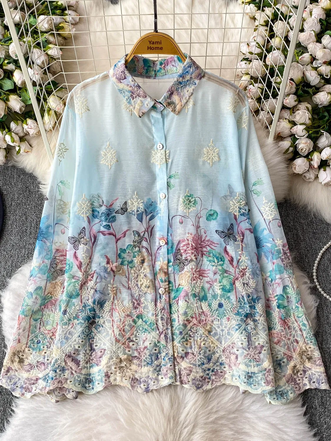 

Ele Embroidered Print Turn-down Collar Women's irt Loose Slimming Chiffon Outerwear for Autumn Season Commute Sle