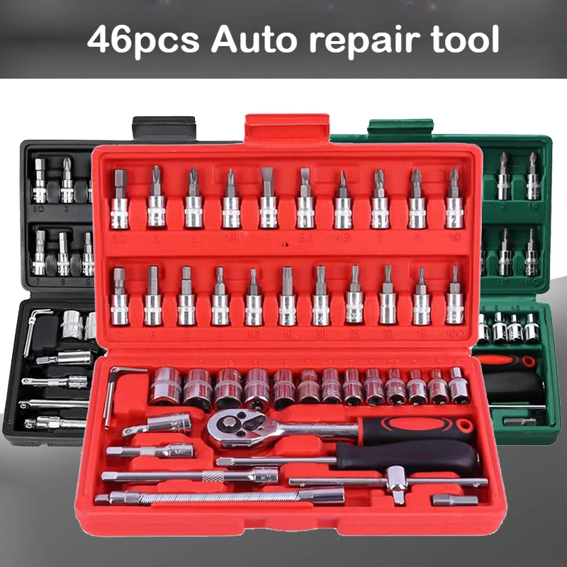 

46Pcs Car Repair Tool Kit 1/4-Inch Socket Set Car Repair Tool Ratchet Torque Wrench Combo Auto Repairing Set Mechanic Tools