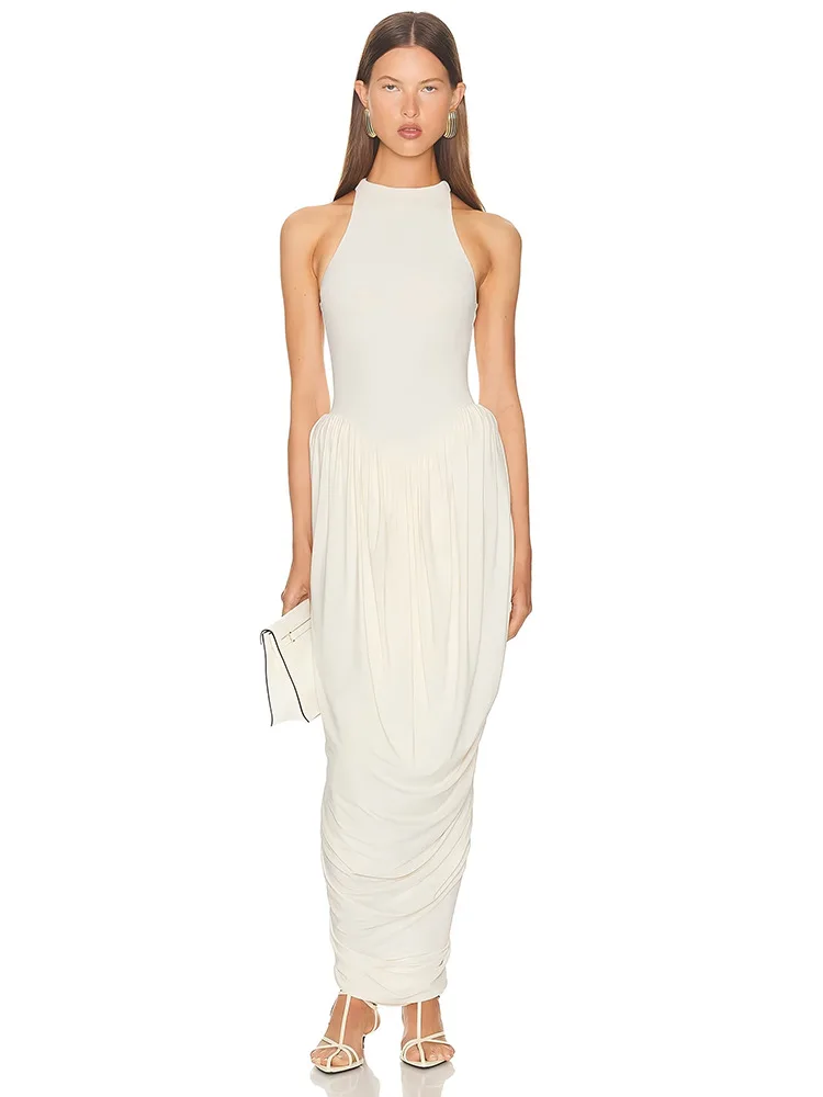 Apprabant Damen-Träger-Maxikleid mit Rüschen, O-Ausschnitt, ärmellos, rückenfrei, solide, figurbetont, langes Kleid, modisch, lässig, Partykleidung