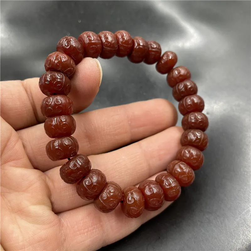 Red Agate Abacus Bead with Carved Patterns, Unisex Peace Amulet Bracelet