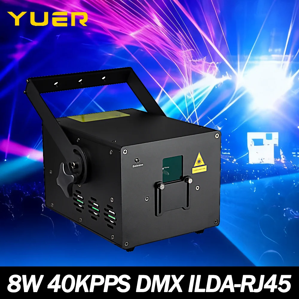 

Лазерный свет 8 Вт RGB Анимация Проектор ILDA 40 кнопок Сканирование Вечеринка Свадебный сценический свет ± 30 ° Блокирующее управление звуком DMX для DJ