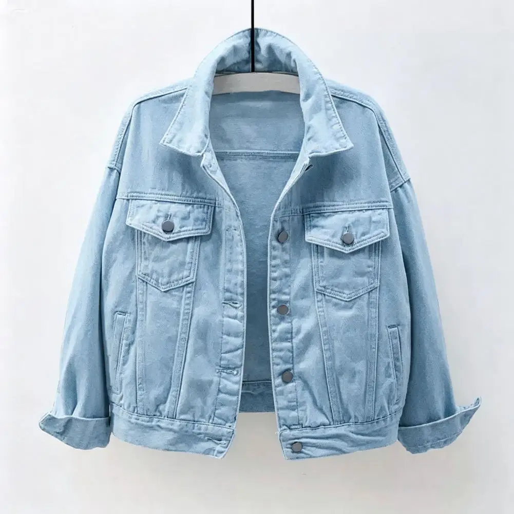 Button Front Denim Jacket Women's Long Sleeve Cropped Denim Jacket Button-down Jeans Coat with Pockets Lightweight for Women