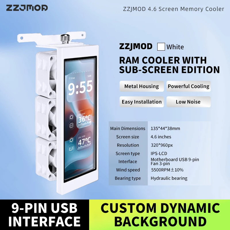 

ZZJMOD 4.6-inch Screen Memory Cooler,IPS-LCD screen/motherboard USB 9Pin&Fan 3Pin interface/custom background/Aluminum alloy