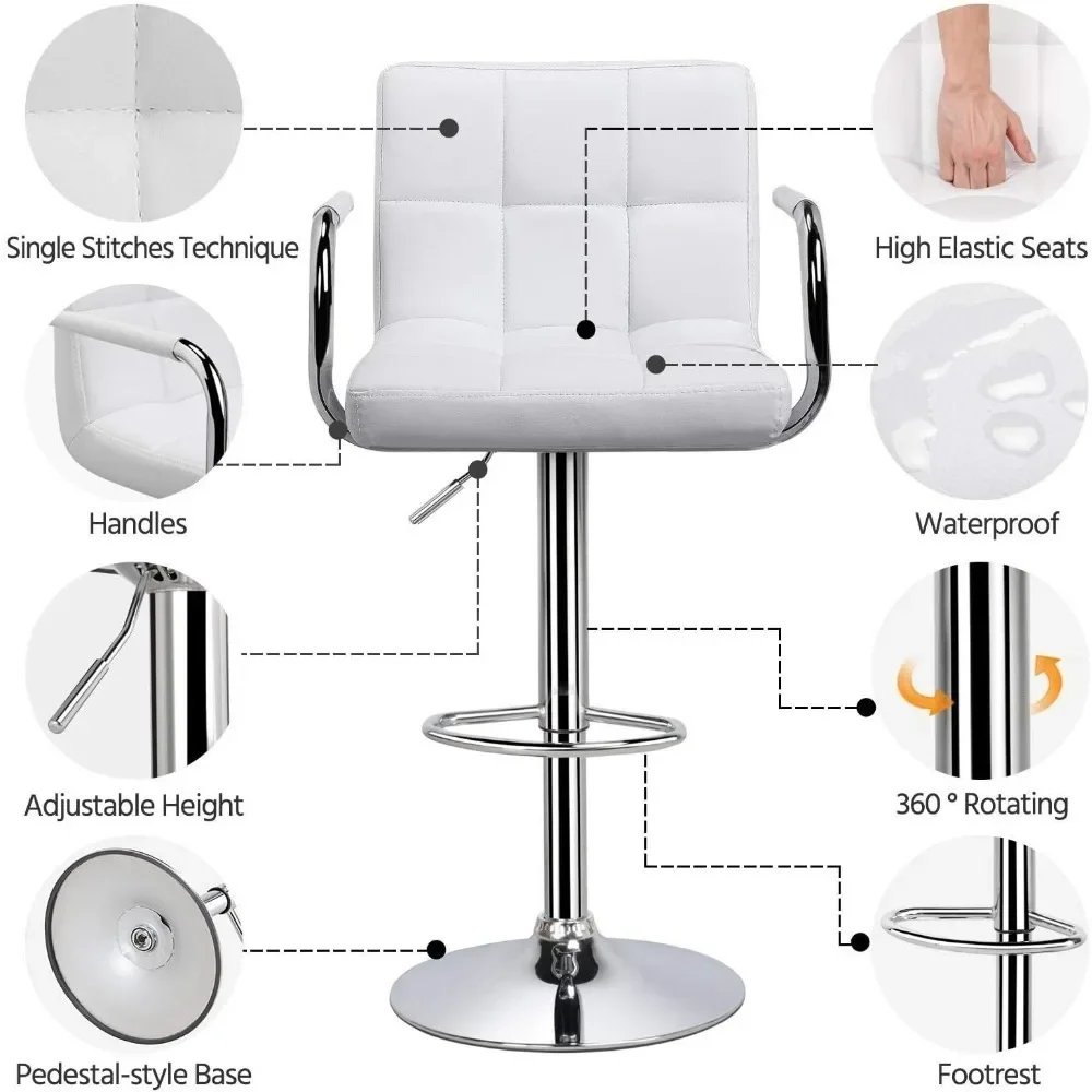 Modern Square PU Leather Bar Stools Set, Adjustable BarStools, Counter Height, Arms and Back Bar Chair