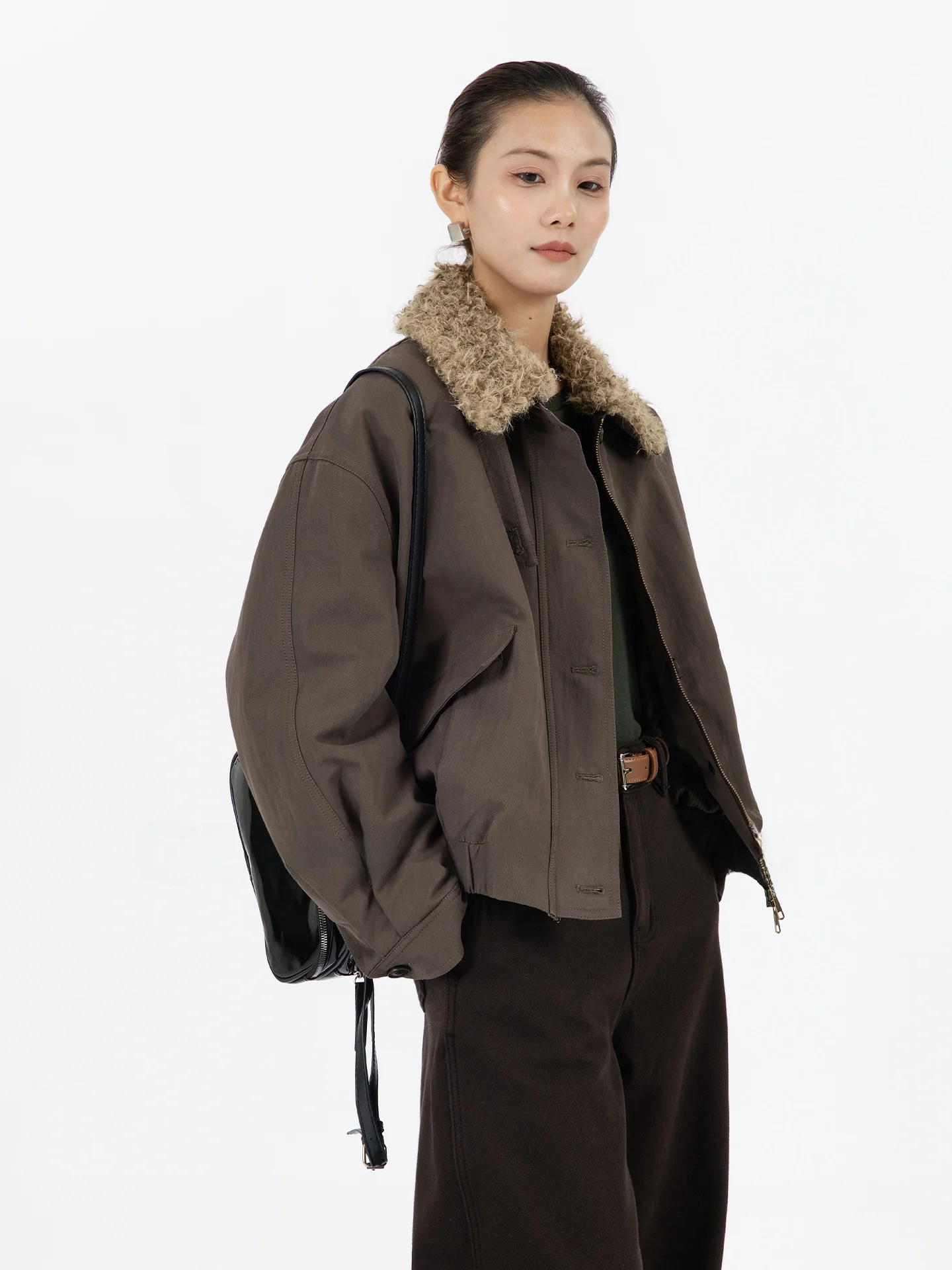 

Loose Casual Brown Jaet Women's Autumn Winter Cotton Clothes ort Outerwear with Faux Fur Collar Simple Sle Geometry Unit