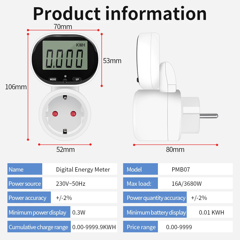 Imagem -06 - Medidor de Energia Digital com Plugue eu Voltímetro Elétrico Custo de Energia Wattímetro Wattímetro 45 ° Watt Rotativo Exibição