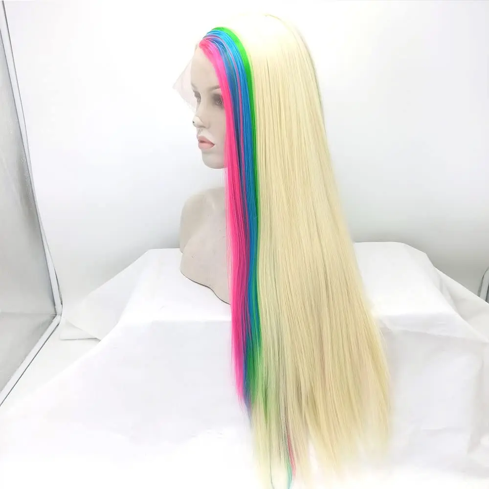 613#Mixed Blonde Colorful Wig Synthetic Rainbow Lace Front Wigs Long Silky Straight Wig Heat Resistant Fiber Long Wigs Cosplay