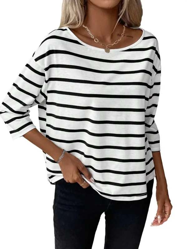 

Plus Size 1XL-5XL New Woman's Tshirts Casual Long Sleeve Striped Blouse Shirt Ladies Casual O-Neck Loose Fashion Ladies Tops