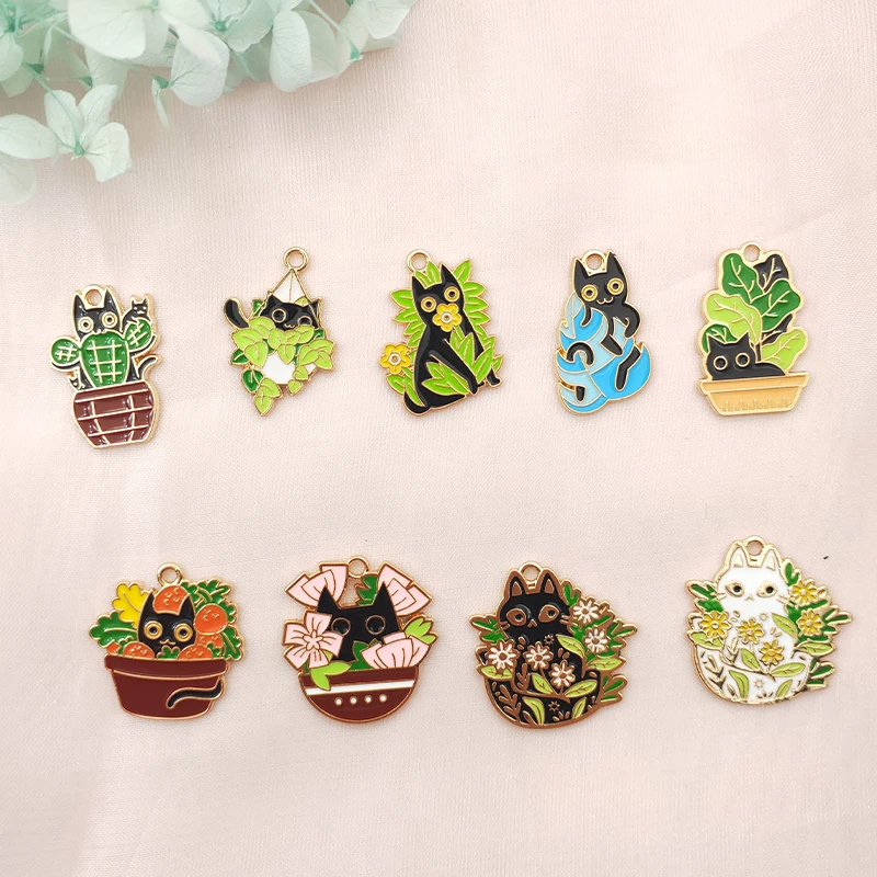 

10PCS Alloy Dripping Oil Color Pot Green Plant Little Cat Jewelry Enamel Charm DIY Pendant Earrings Necklace Arts And Crafts
