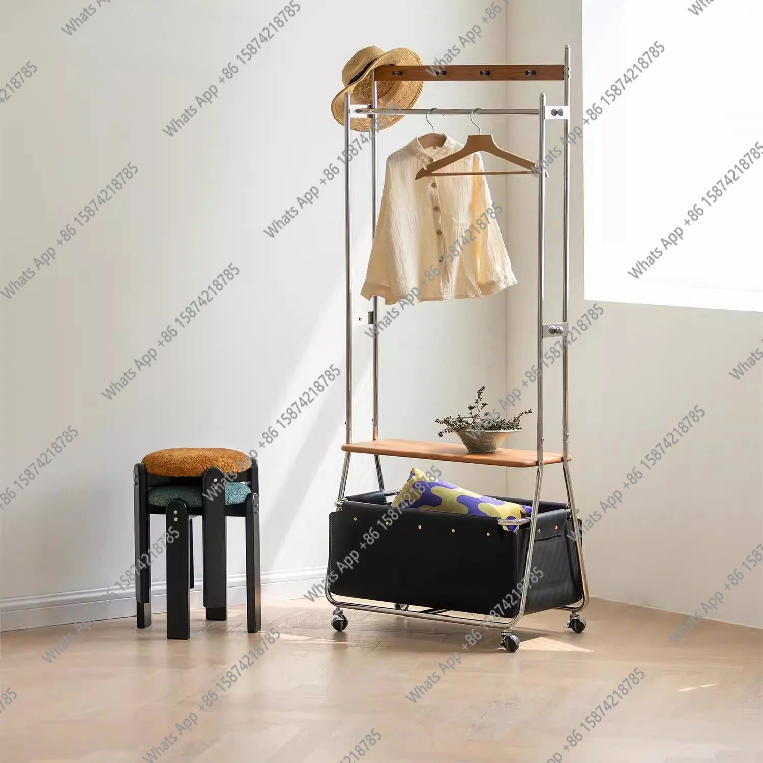 

Mobile coat rack household entrance solid wood hanger floor Nordic bedroom storage hanger