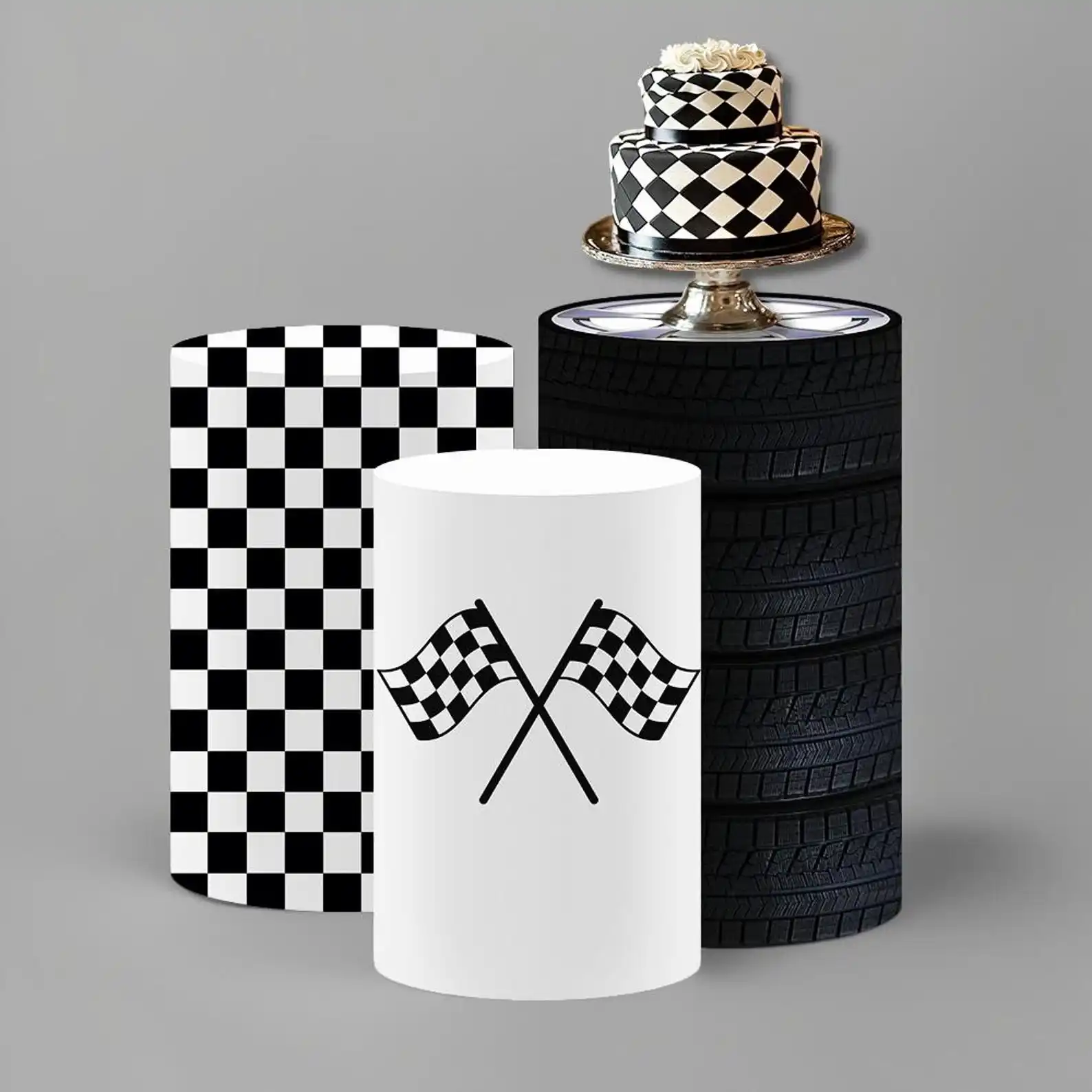 Mehofond Custom Cylinder Cover Backdrop Racing Car Wheels Kids Birthday Party Plinths Backdrop Pedestal Background Decor Elastic