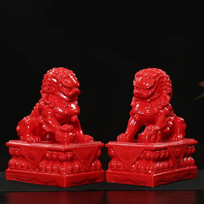 

Red Ceramic Stone Lion Mini Ornament Attract Wealth Feng Shui Chinese Home Style Desktop Creative Decoration A Pair