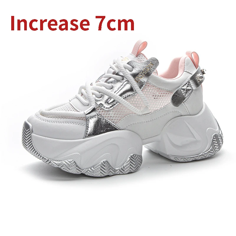 

7cm Genuine Leather Chunky Sneakers Women Autumn Mixed Color Fashion Vulcanized Platform Wedge Spring Hidden Heels Shoes