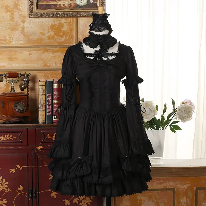 Summer Dark Gothic Lolita Dress Multi layer lace Big flared sleeves Puffy Sweet Sisters Cute Dress customization A