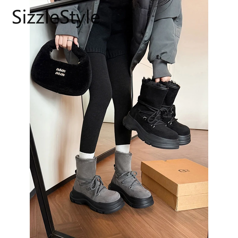

Stylish Round-toe Suede Simple Stitching Casual Lace-up Thick Warm Platform Winter Women's Snow Boots
