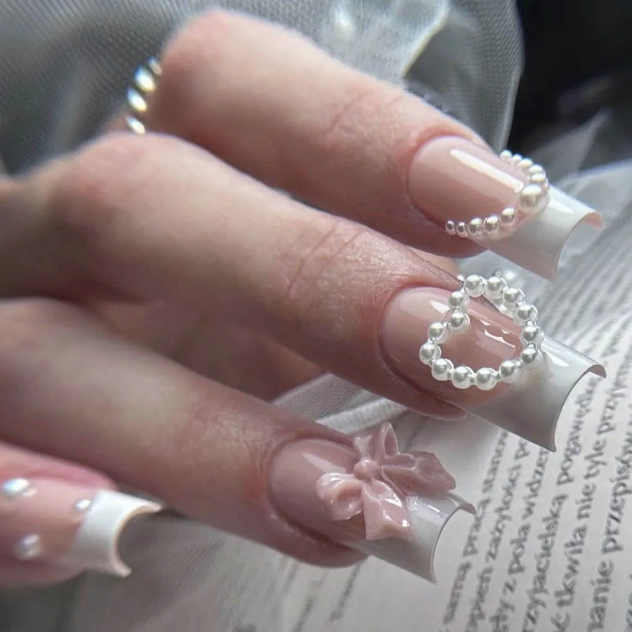 24 قطعة متوسطة الطول مربع الأظافر وهمية الأحمر الفرنسية الحب القلب تصميم الأظافر كاذبة اضغط على حجر الراين انفصال غطاء كامل الأظافر نصائح #5