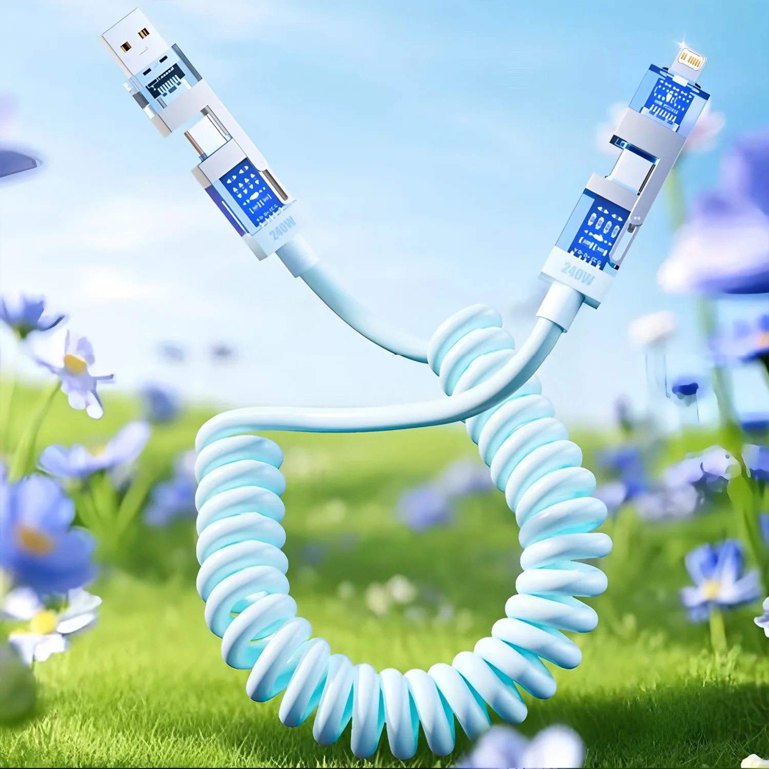 Zinc Alloy 4-in-1 Fast Charging Cable Max 240W Multi-Function USB Charging For iPhone 16 Xiaomi HUAWEI PD spring Data Cable