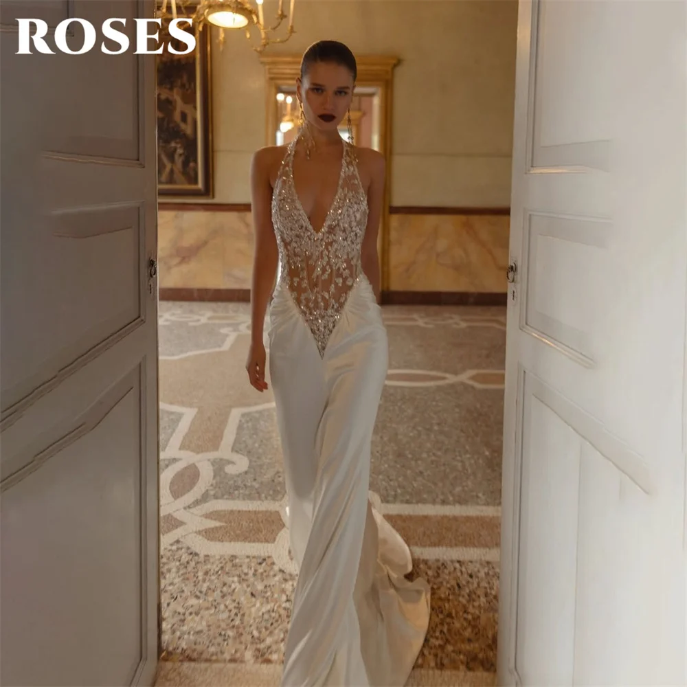 

ROSES Ivory Satin Evening Gown Halter Prom Dress with Glitter Sequin Wedding Evening Dress Mermaid robes de soirée Customized