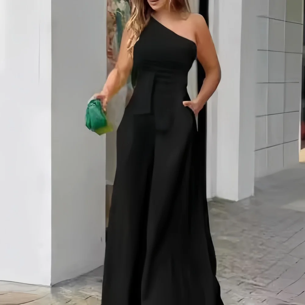 เสื้อผ้าผู้หญิงJumpsuitสีทึบLace-Upไม่สม่ําเสมอOff-The-Shoulder Casual Highเอวกว้างขาสุภาพสตรีJumpsuit