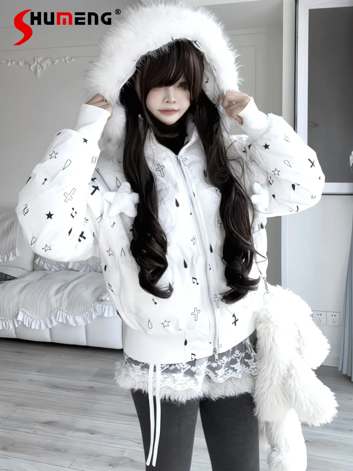 

Original Japanese Girls Kawaii Short Parkas Winter New 2025 Student Plush Hooded Down Parkas Women's Warm Thick Loose Jacket