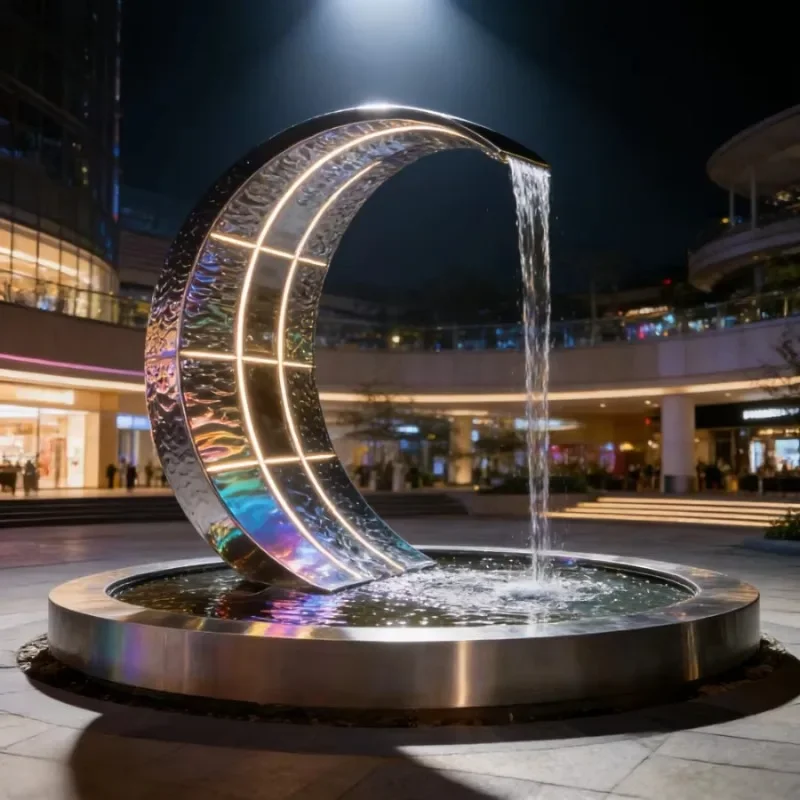 #Custom Mirror Polished Crescent Water Curtain Stainless Steel FountainSculpture Modern Abstract Outdoor Landscape Ornament Park