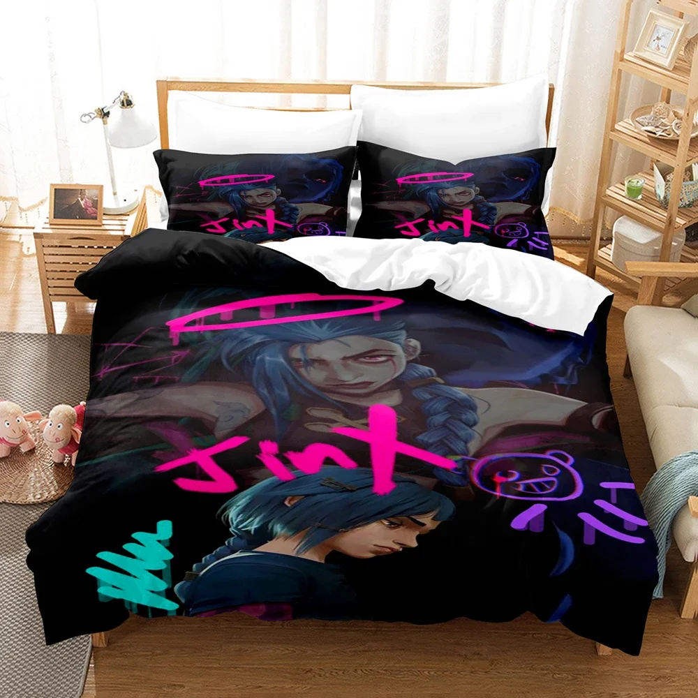 

Arcane JinX Bedding Set 3D Anime Polyester Duvet Cover Sets Gift for Friends Queen King Size Bedding Sets Game Arcane Bedding