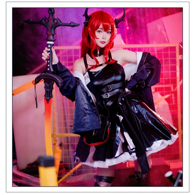 Arknights Surtr Cosplay Traje com Peruca Feminina, Terno Conjunto Completo, Jaqueta Preta, Vestido de Halloween, Festa de Carnaval, Roupa de RPG