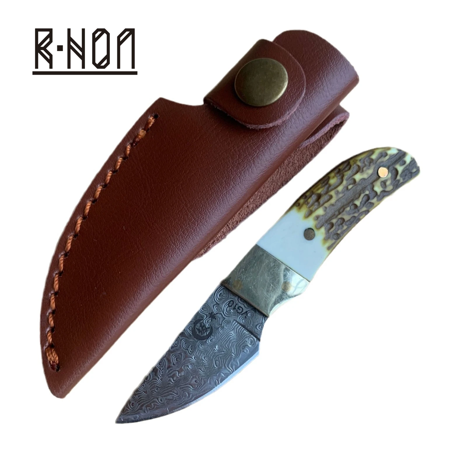 

RHON Outdoor Mini Fixed Blade Knife VG10 Damascus Steel Straight Blade Pocket Carry Fruit Knives Resin Handle Leather Sheath