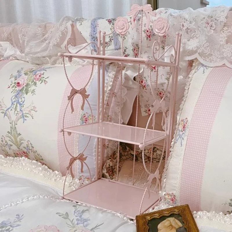 Pink Iron Desktop Organizer Multi-Tiered Cosmetic Storage Shelf Freestanding Display Rack for Bedroom Spacious Metal Bookshelf view 2