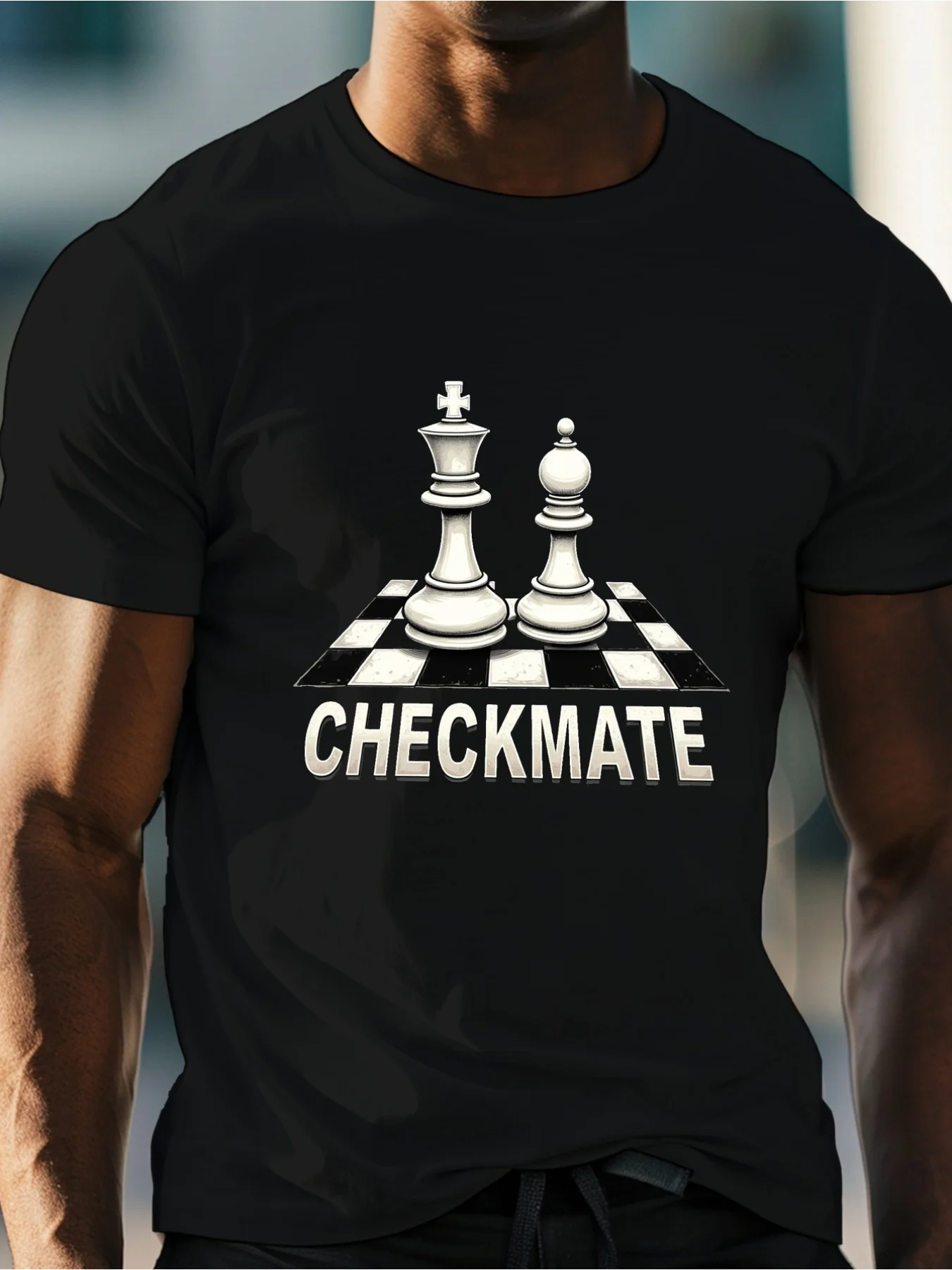Checkmate Chess King And Queen Men'S Casual Crew Neck Short Sleeve T-Shirt | Black Graphic Tee With White Chess Pieces For Summe