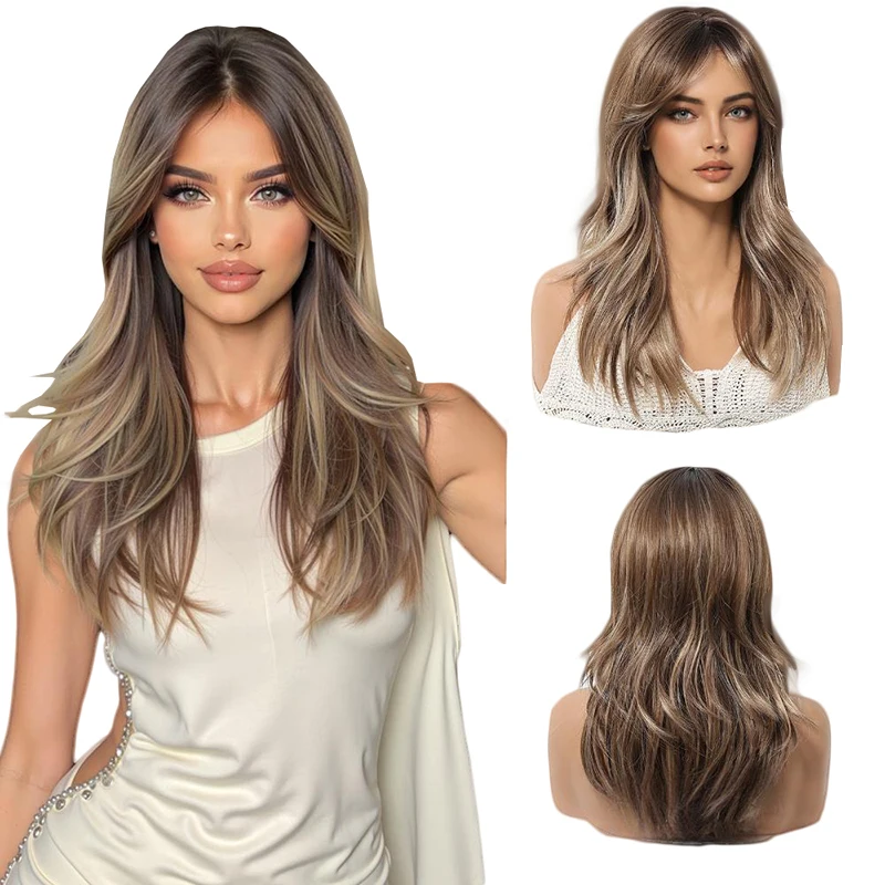 

A 20-Inch Long Wavy Golden-Brown Synthetic Wig Is Fashionable And Elegant, Suitable For Women'S Daily Parties And Halloween