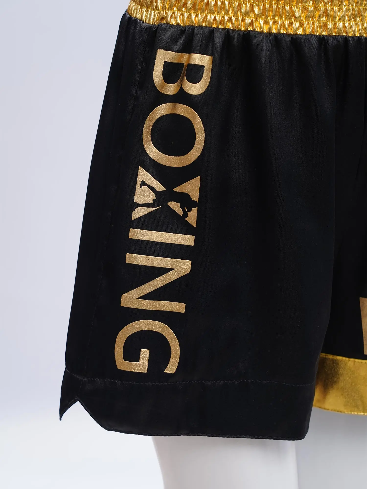Pantalones cortos de boxeo para niños, ropa de entrenamiento tipo bóxer, pantalones cortos con abertura lateral ancha y elásticos con estampado de letras metálicas para fiesta de disfraces de Halloween