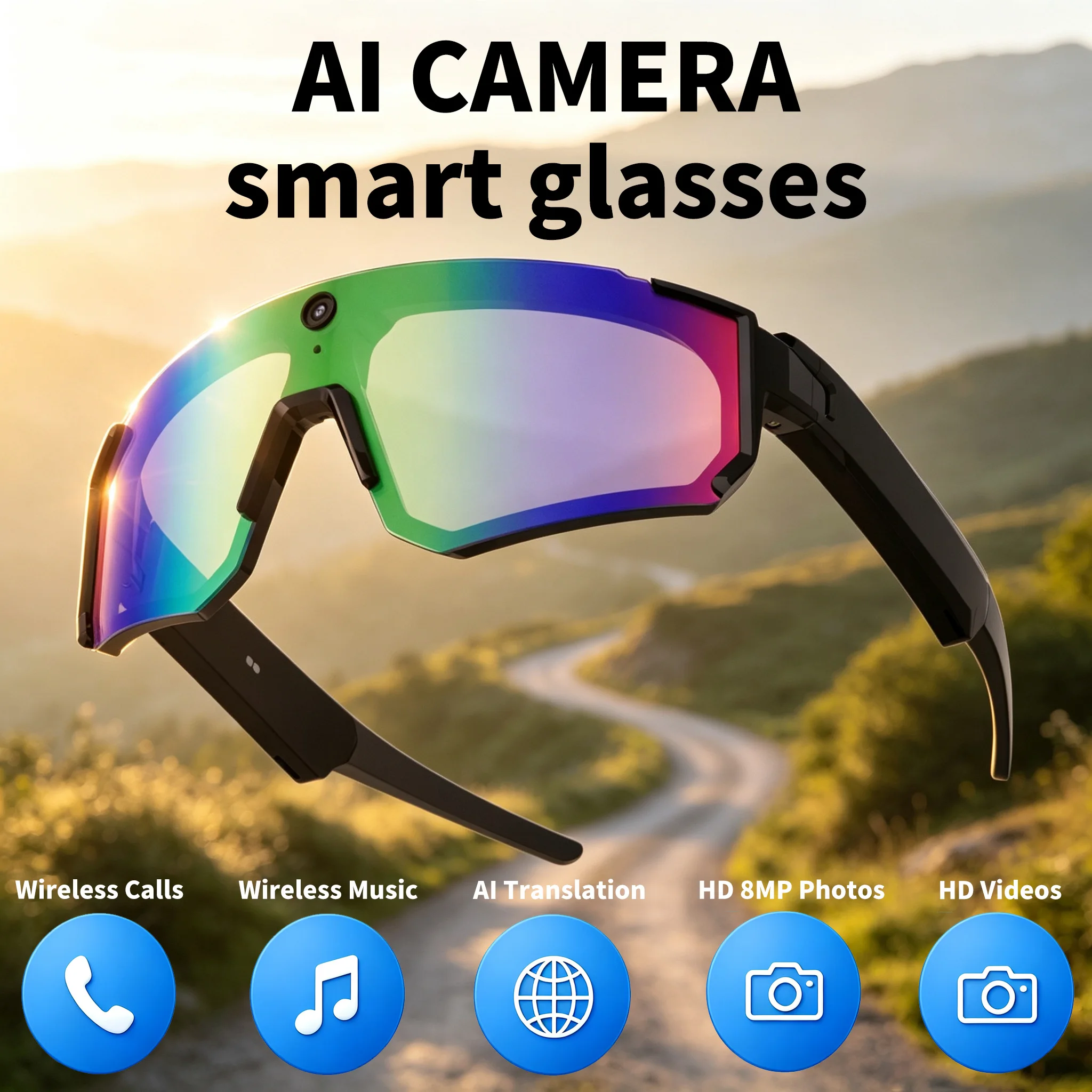 V06 Sports Ai Smart Translation Clear Lenses Glasses 8mp HD Camera Recording Photo Video Recording Waterproof Call Sunglasses
