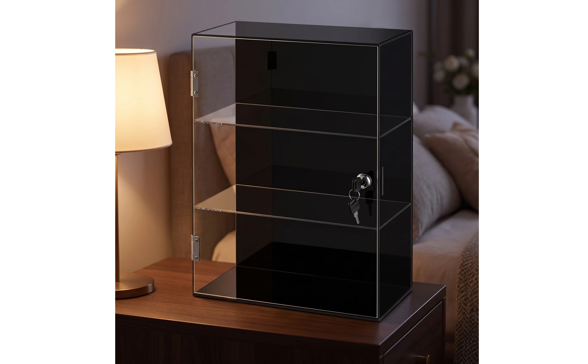 Lockable Acrylic Display Case 3-Tier Acrylic Display Case with Lock No Assembly Required Freestanding for Collectors, Countertop
