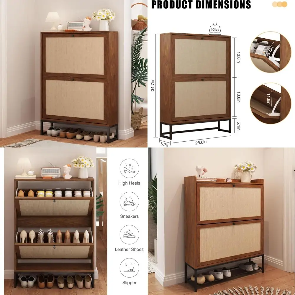 Freestanding Shoe Organizer with Flip Drawer Doors for Entryway and Closet, Walnut Finish, Linen Door Panels, Shoe Storage Solut
